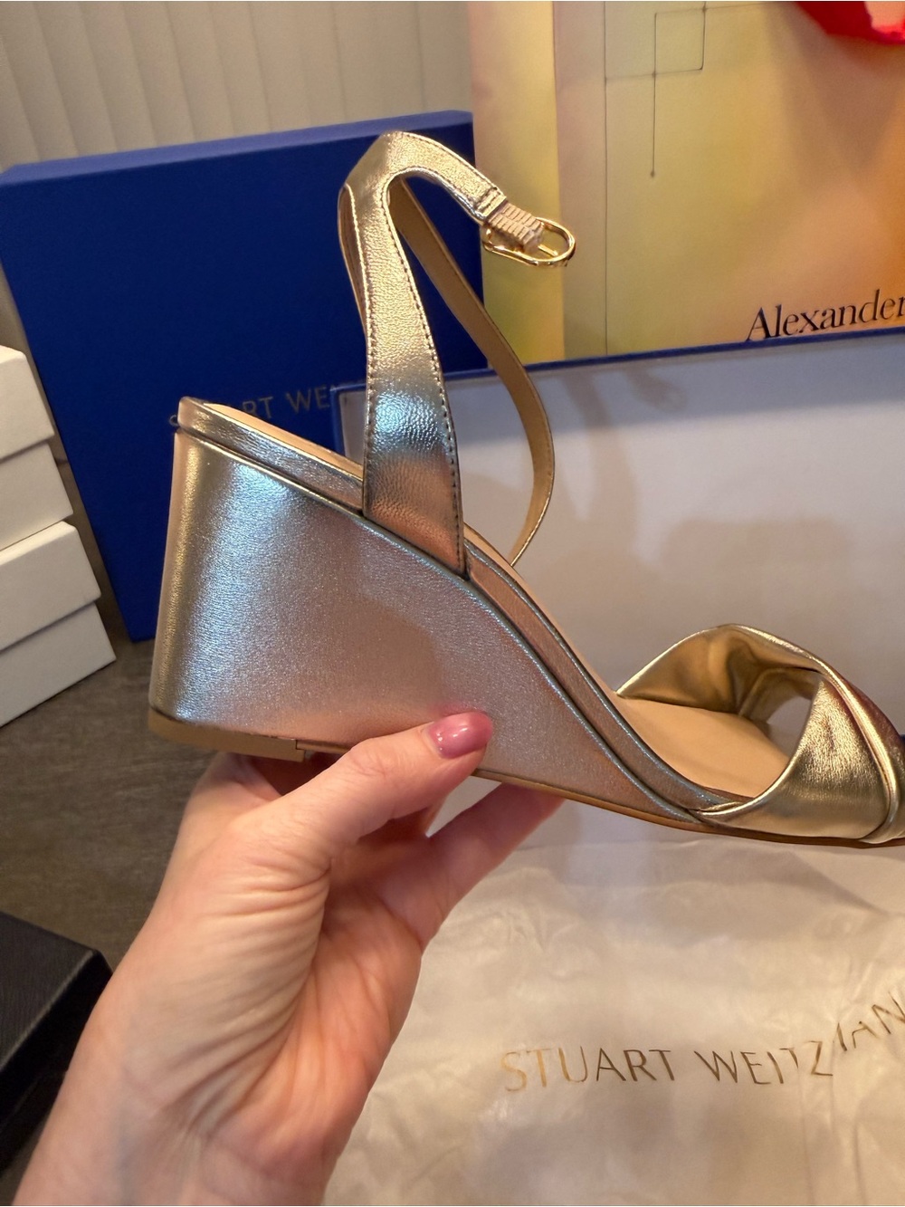 Stuart Weitzman Metallic Gold Ankle-Strap Wedge Espadrilles - Picture 6 of 8